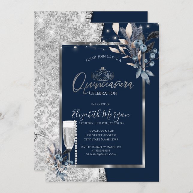 Winter Flowers,Glass Pearls Navy Blue Quinceanera Invitation (Front/Back)