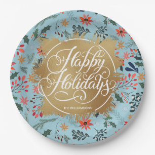 Winter Flowers Gold Faux Foil Happy Holidays Paper Paper Plate