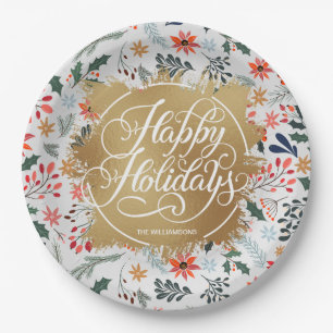 Winter Flowers Gold Faux Foil Happy Holidays Paper Plate
