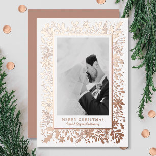 Winter Flowers Greenery Rose Gold Foil Holiday Card