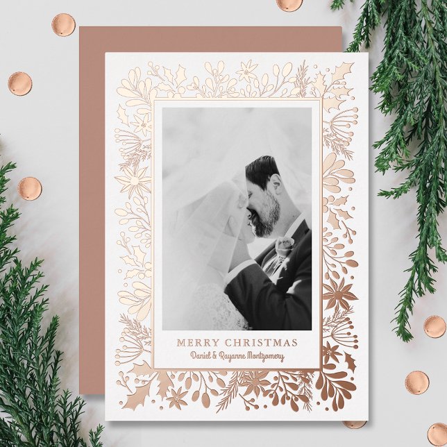 Winter Flowers Greenery Rose Gold Foil Holiday Card (Creator Uploaded)