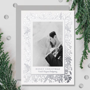 Winter Flowers Greenery Silver Foil Holiday Card