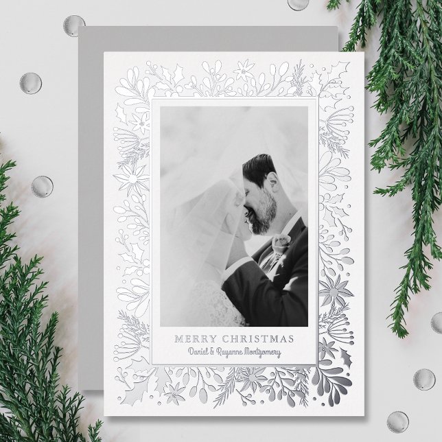 Winter Flowers Greenery Silver Foil Holiday Card (Creator Uploaded)