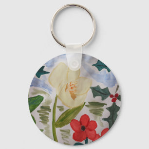 Winter Flowers & Holly Button Key Ring