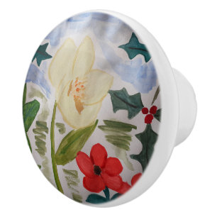 Winter Flowers & Holly Ceramic Knob
