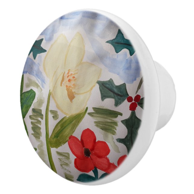 Winter Flowers & Holly Ceramic Knob (Right)
