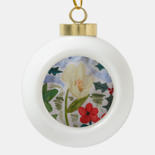 Winter Flowers & Holly Ceramic Ornament