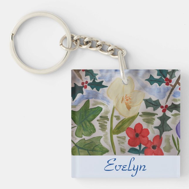 Winter Flowers & Holly Christmas  Key Ring (Front)