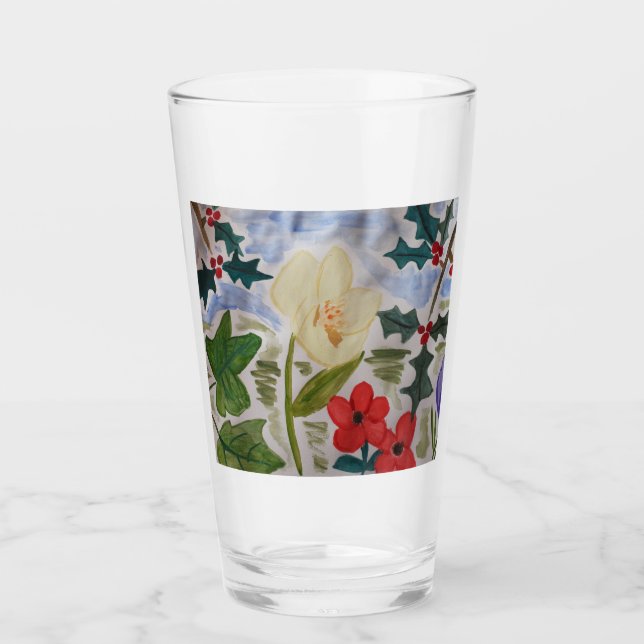Winter Flowers & Holly Glass (Front)