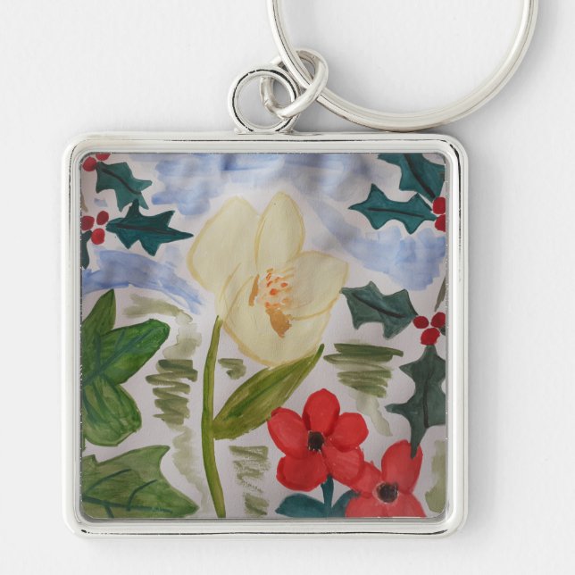 Winter Flowers & Holly Key Ring (Front)