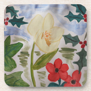 Winter Flowers & Holly Plastic Coaster