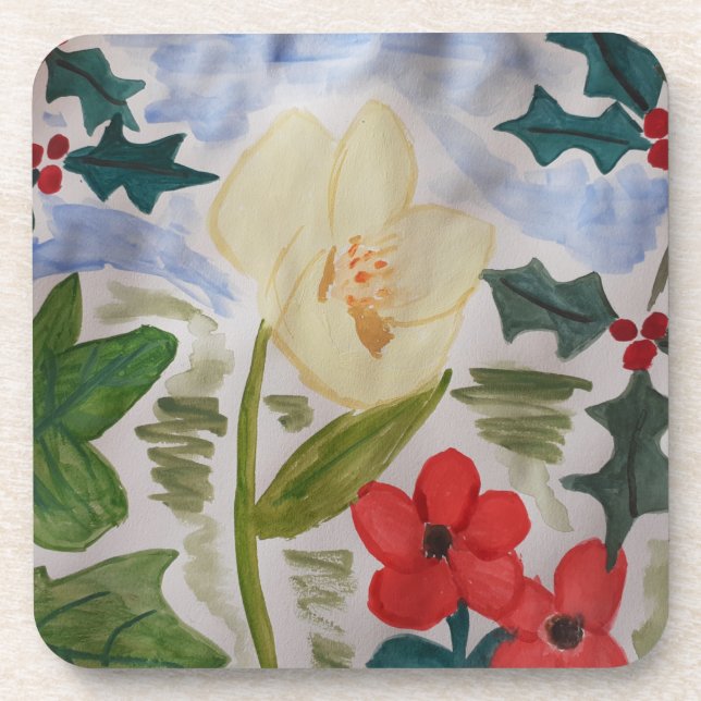 Winter Flowers & Holly Plastic Coaster (Front)