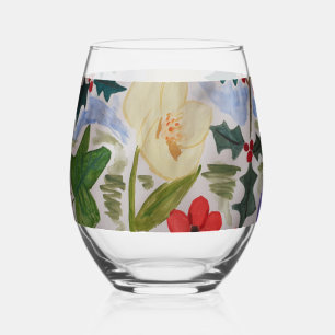 Winter Flowers & Holly Stemless Wine Glass
