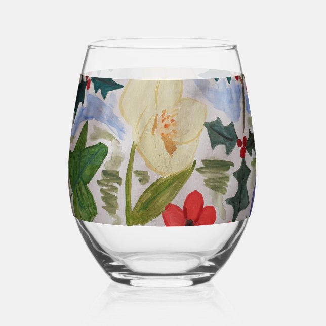 Winter Flowers & Holly Stemless Wine Glass (Front)