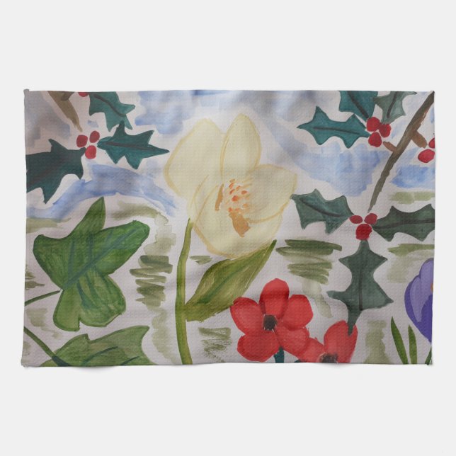 Winter Flowers & Holly Tea Towel (Horizontal)