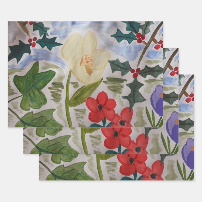 Winter Flowers & Holly Wrapping Paper Sheet (Set)