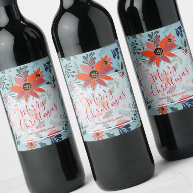 Winter Flowers Merry Christmas Holiday Wine Label (Creator Uploaded)