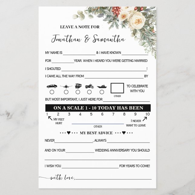 Winter Flowers Note for Couple Wedding Game Card (Front)