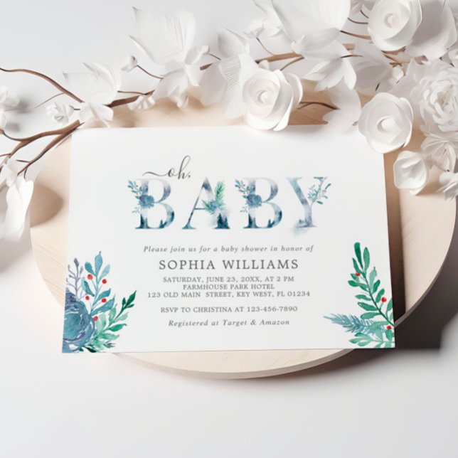 Winter Flowers Oh Baby Shower Invitation (Creator Uploaded)