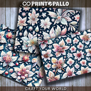 Winter flowers on black bacground for decoupage wrapping paper sheet