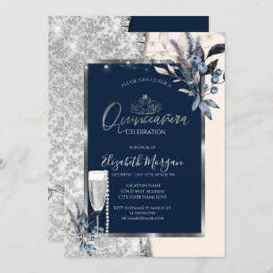 Winter Flowers,Prosecco Navy Blue Quinceanera Invitation