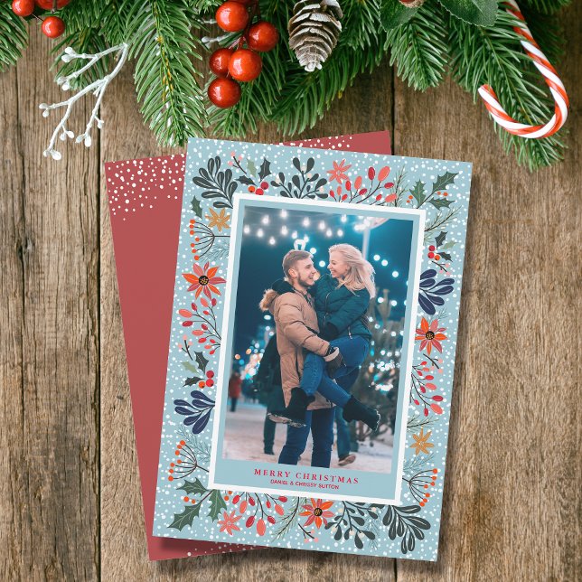 Winter Flowers Snow Christmas Photo Holiday Card (Winter flowers and snowflakes Christmas holiday photo cards)