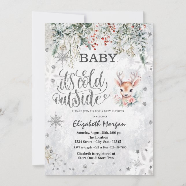 Winter Flowers Snowflakes Baby Dear Baby Shower  Invitation (Front)