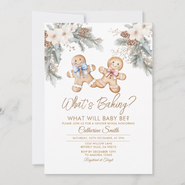 Winter Flowers What’s Baking Gender Reveal Invitation (Front)
