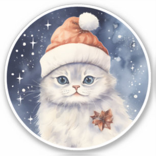 Winter Fluffy White Christmas Cat in Santa Hat