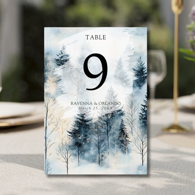 Winter Fog Snow Pine Tree Forest Wedding Table Number (Creator Uploaded)