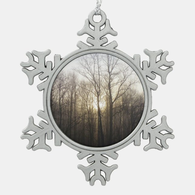 Winter Fog Sunrise Nature Photography Snowflake Pewter Christmas Ornament (Front)