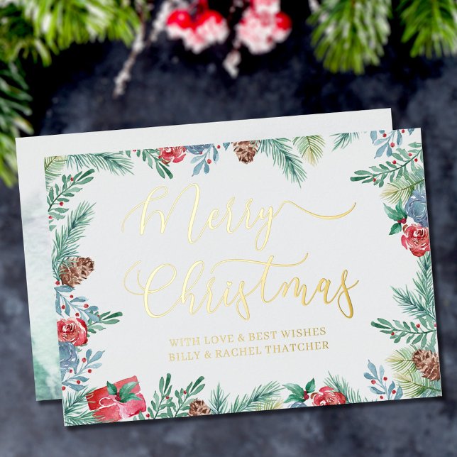 Winter Foliage and Pine Cone Border Gold Foil Holiday Card (Creator Uploaded)