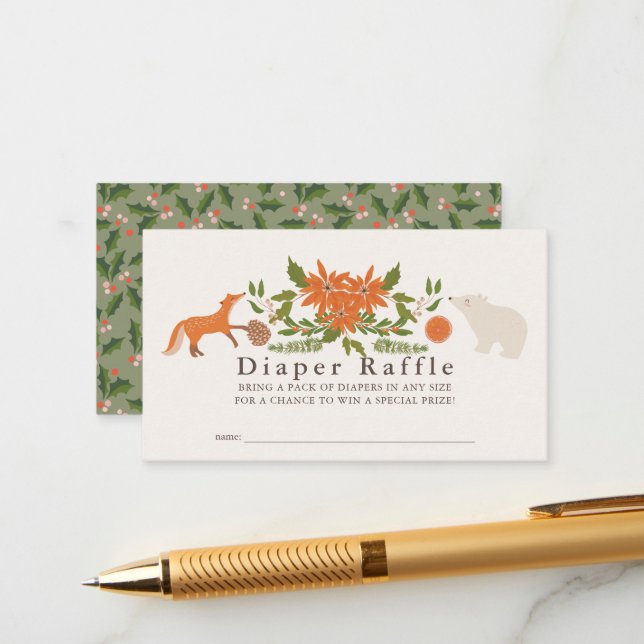Winter Foliage Baby Shower Diaper Raffle Ticket Enclosure Card (Front/Back In Situ)