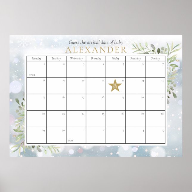 Winter Foliage Baby Shower Guess The Due Date Game Poster (Front)