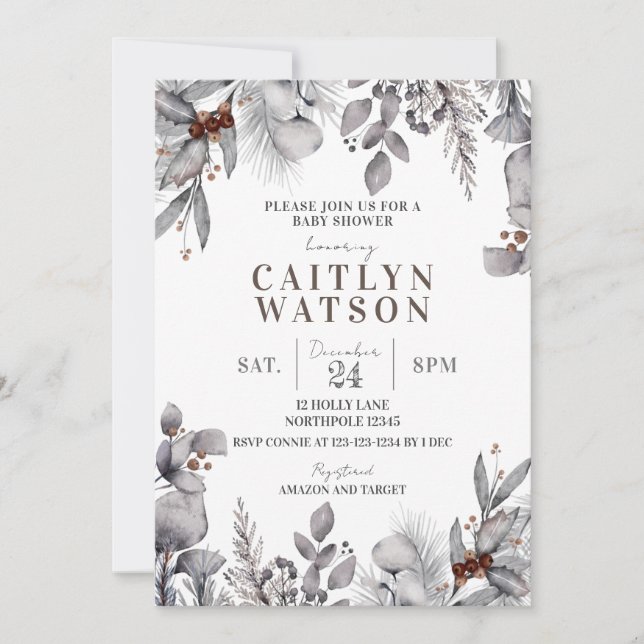 Winter Foliage, Berries Baby Shower Invitation (Front)