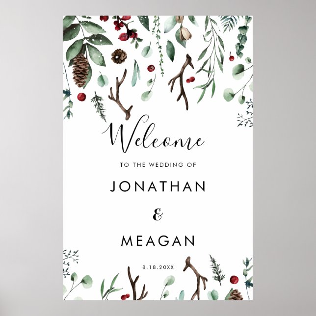 Winter foliage holiday welcome wedding sign (Front)