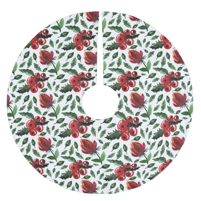 Winter Foliage Holly Berries Botanical Brushed Polyester Tree Skirt (Front)