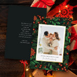 Winter Foliage Holly Berries Merry Christmas Photo Foil Holiday Card<br><div class="desc">Elevate your holiday greetings with our Foil Photo Christmas Card. The backdrop, graced by winter foliage and holly berries, exudes elegance. A white overlay with a refined gold border adds a touch of opulence. Personalise it with your family photo and heartfelt holiday wishes, beautifully scripted. Flip to reveal a dark...</div>
