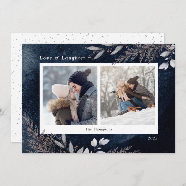 Winter Foliage Navy Blue Watercolor 2 Photos Holiday Card (Front/Back)