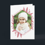 Winter Foliage Photo Holiday Greeting Card<br><div class="desc">This stunning Christmas photo greeting card features a hexagonal frame to showcase your favourite photo. Delicate foliage in red adds decoration over a white background. All text fields can be customised.</div>