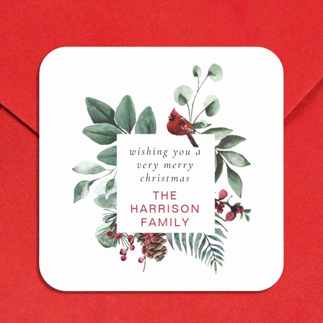 Winter Foliage Red Cardinal Custom Merry Christmas Square Sticker (Creator Uploaded)