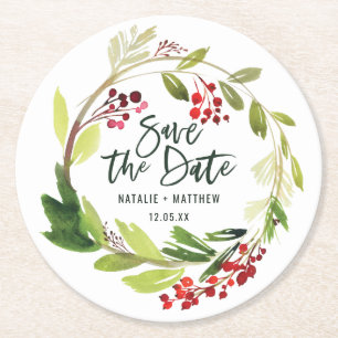 Winter foliage save the date round paper coaster