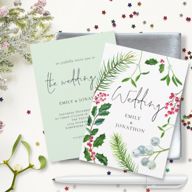 Winter Foliage Script Christmas Wedding Invitation (Creator Uploaded)