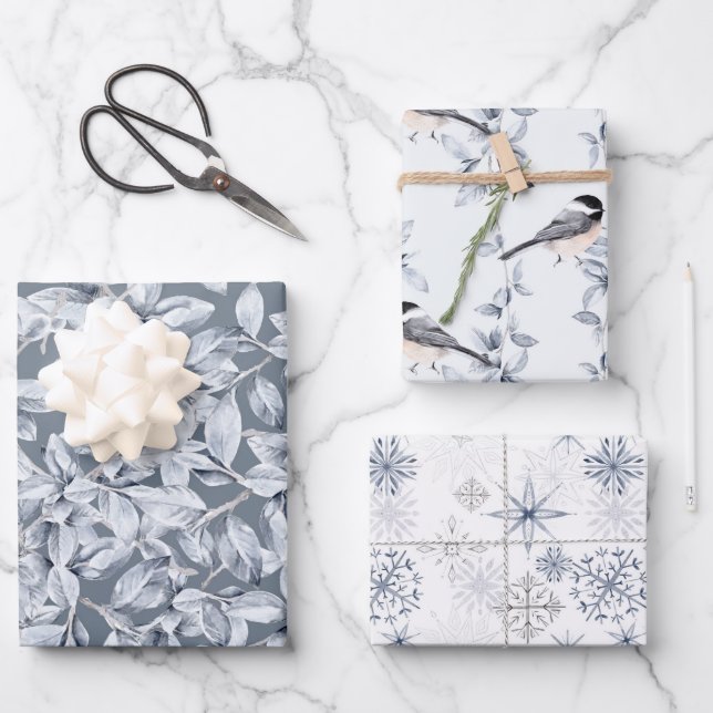 Winter foliage snowflake bird grey blue pattern wrapping paper sheet (Front)