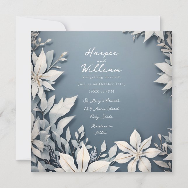 Winter foliage white and blue wedding invitation (Front)