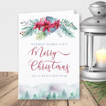 Winter Forest and Christmas Poinsettia Garland Holiday Card<br><div class="desc">Watercolor winter forest themed folded christmas card, which you can personalize with your custom message and/or name(s) inside. The design features a forest of fir trees and a floral garland with poinsettias, winter foliage, berries and sprigs of pine. The wording on the front reads "Warmest wishes for a Merry Christmas...</div>