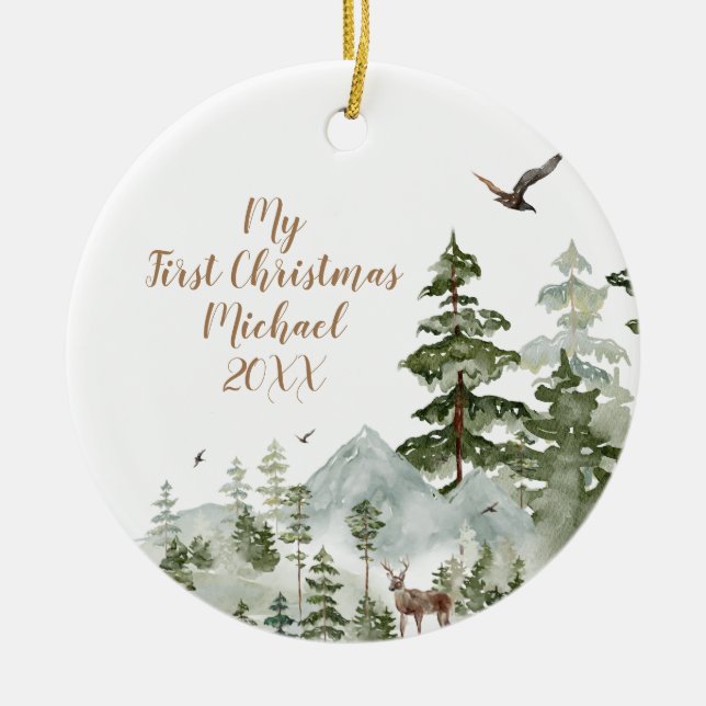 Winter Forest Animal Woodland First Christmas Ceramic Ornament (Front)