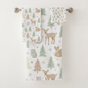 Winter Forest Animals Seamless Pattern Bath Towel Set