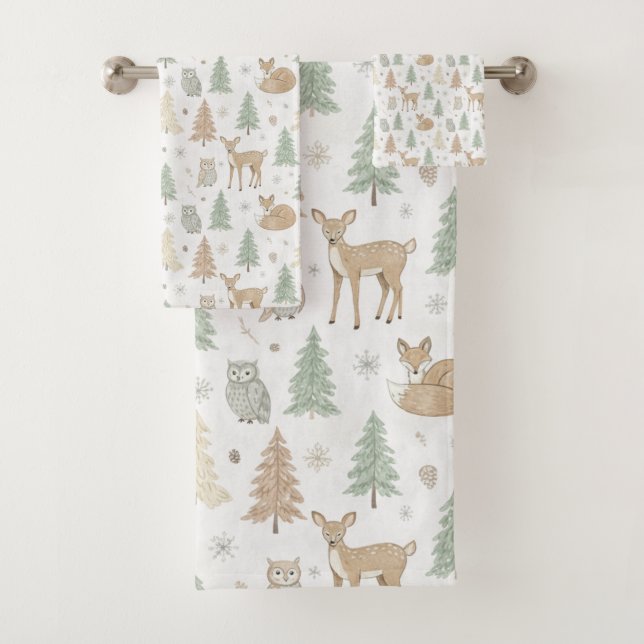 Winter Forest Animals Seamless Pattern Bath Towel Set (Insitu)