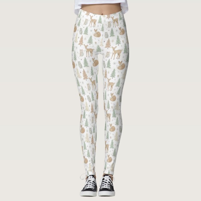 Winter Forest Animals Seamless Pattern Leggings (Front)